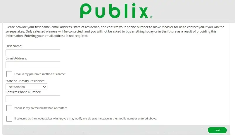 Final form asking for Name and Phone Number to enter the sweepstakes